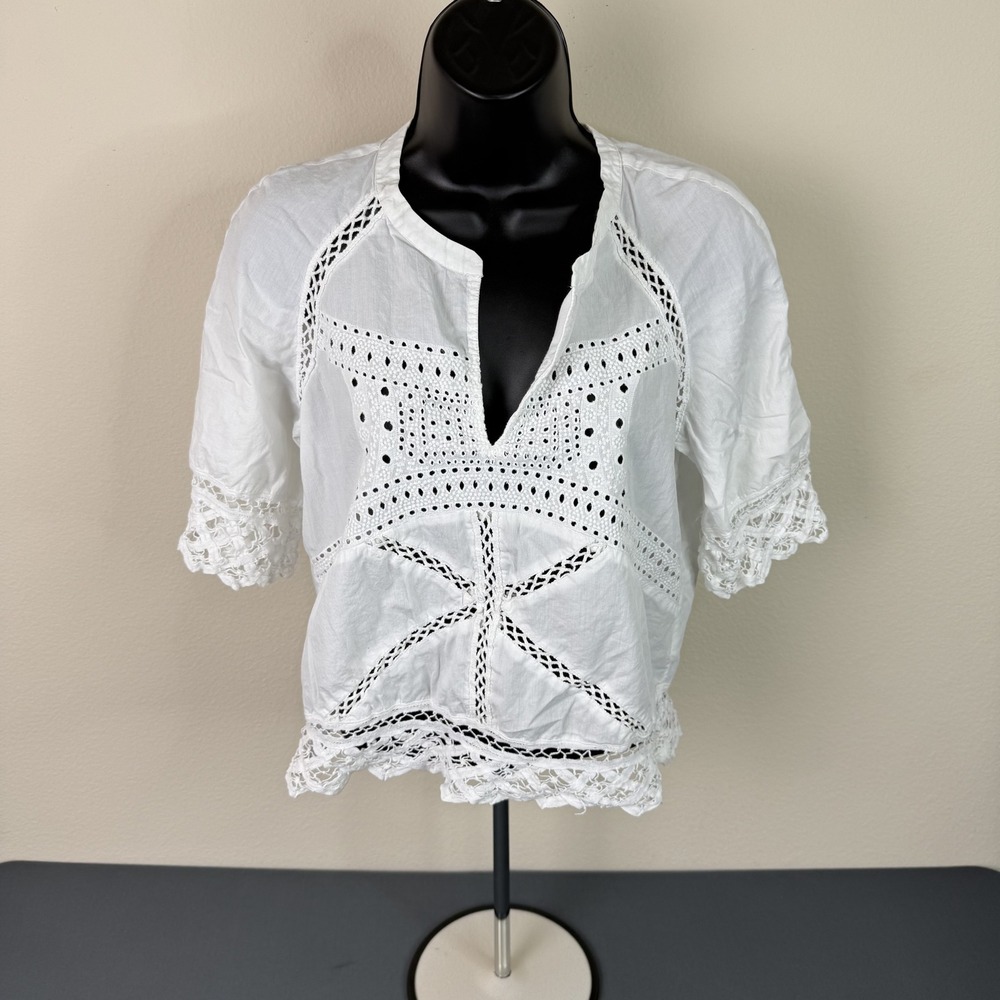 Old Molly Women's Embroidered Eyelet Cropped Boho Top White Size Small - Picture 2 of 5